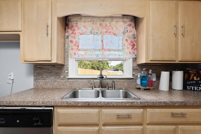 2905 Rocky Creek Rd, Augusta, GA 30906 - kitchen featuring light brown cabinets, a sink, dark countertops, backsplash, and stainless steel dishwasher