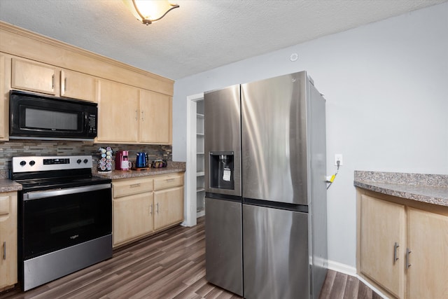 2905 Rocky Creek Rd, Augusta, GA 30906 - kitchen with dark wood finished floors, light brown cabinets, backsplash, and appliances with stainless steel finishes