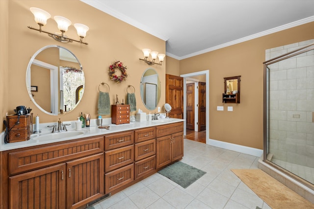 bathroom featuring tile patterned floors, crown molding, vanity, and a shower with shower door