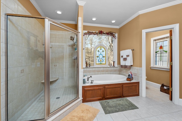 bathroom with separate shower and tub, tile patterned flooring, and ornamental molding