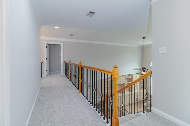 5191 Windmill Pl, Evans, GA 30809 - hallway featuring ornamental molding, carpet floors, recessed lighting, and an upstairs landing