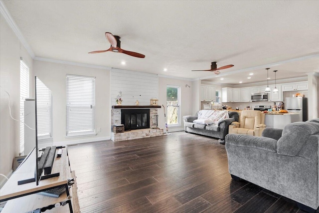 227 Waters Way, Martinez, GA 30907 - living area with a ceiling fan, crown molding, dark wood-style flooring, plenty of natural light, and recessed lighting