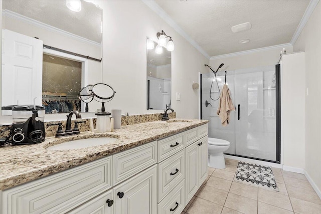 227 Waters Way, Martinez, GA 30907 - bathroom featuring toilet, a stall shower, double vanity, tile patterned flooring, and crown molding