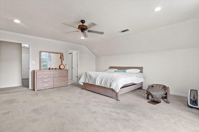 227 Waters Way, Martinez, GA 30907 - bedroom with light colored carpet, crown molding, lofted ceiling, baseboards, and a ceiling fan