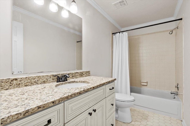 227 Waters Way, Martinez, GA 30907 - bathroom with toilet, vanity, shower / bath combo with shower curtain, and ornamental molding