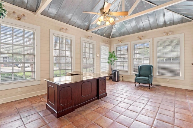 office area featuring ceiling fan, wood walls, and vaulted ceiling