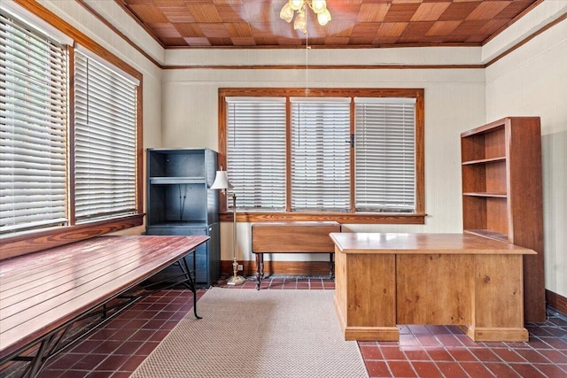 office area featuring a healthy amount of sunlight and wood ceiling