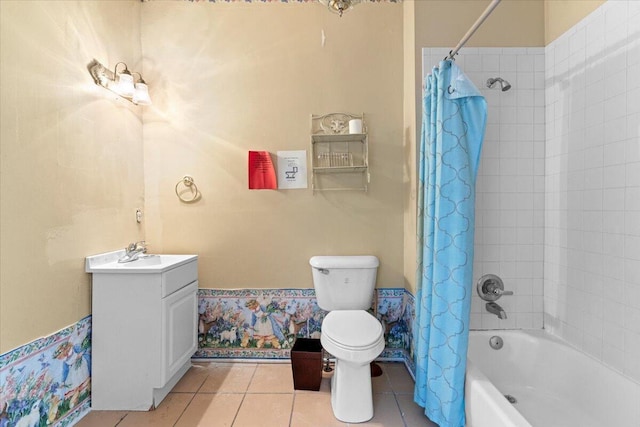 full bathroom with toilet, vanity, tile patterned floors, and shower / bathtub combination with curtain