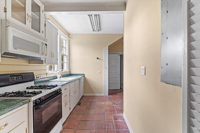 kitchen featuring electric panel, white cabinetry, sink, and white appliances