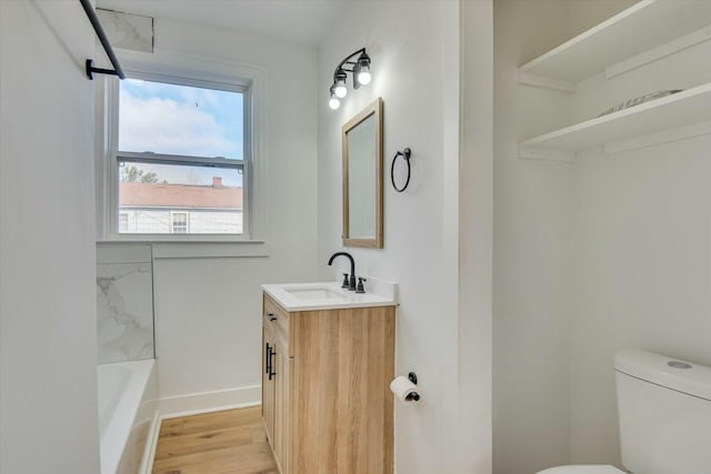 bathroom featuring vanity, toilet, and wood-type flooring