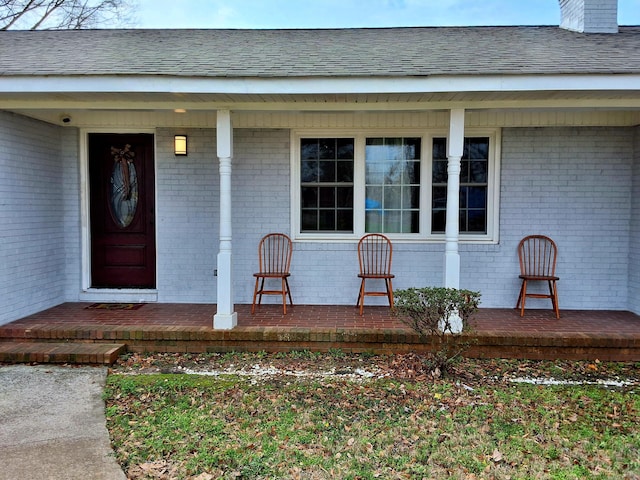 view of exterior entry featuring a porch, brick siding, and roof with shingles