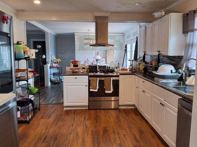 kitchen with stainless steel appliances, white cabinets, island exhaust hood, sink, and dark hardwood / wood-style floors