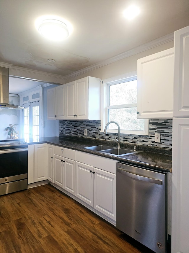 4596 Hickory Dr, Evans, GA 30809 - kitchen with ornamental molding, dark wood-style floors, plenty of natural light, stainless steel appliances, and a sink