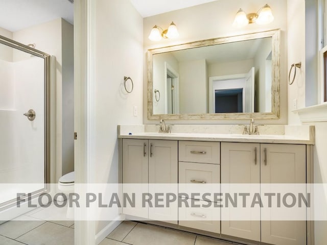 full bath with a stall shower, tile patterned floors, double vanity, toilet, and baseboards