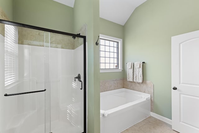 bathroom featuring separate shower and tub and tile patterned floors