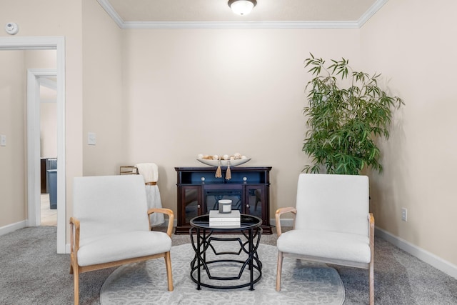 sitting room with ornamental molding and carpet