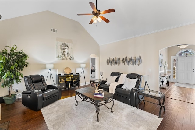 living room with ceiling fan, wood-type flooring, and high vaulted ceiling