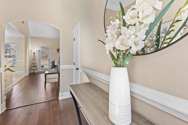 hallway with ornamental molding and dark wood-type flooring