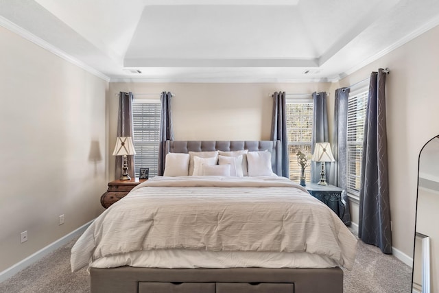 carpeted bedroom with ornamental molding and a raised ceiling