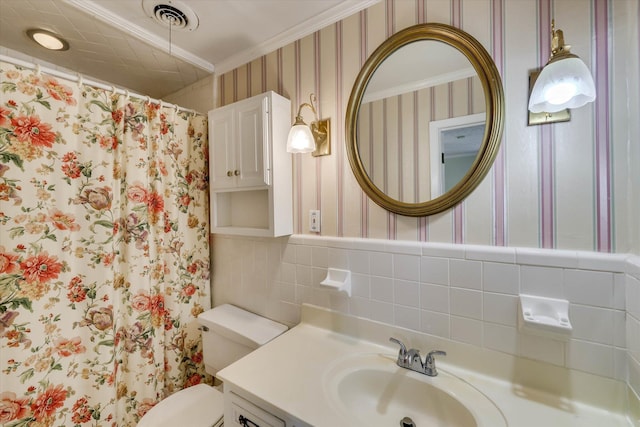 3009 Arcadia Ct, Augusta, GA 30906 - full bath featuring wallpapered walls, ornamental molding, vanity, toilet, and a shower with curtain