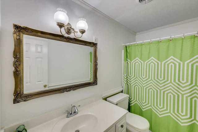 3009 Arcadia Ct, Augusta, GA 30906 - bathroom with vanity, toilet, crown molding, and a shower with curtain