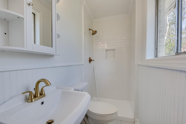 full bathroom featuring a sink, a wainscoted wall, toilet, and a stall shower