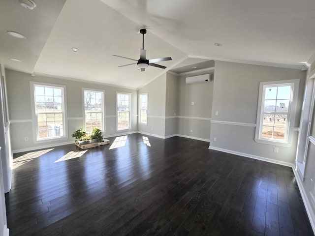 unfurnished living room with dark wood-type flooring, lofted ceiling, a wealth of natural light, and crown molding