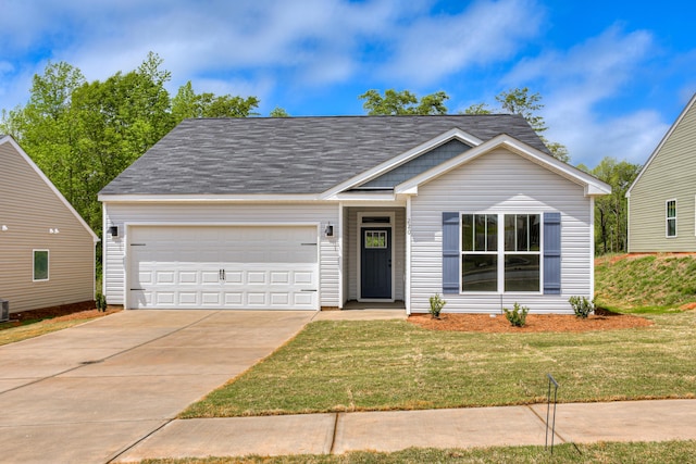 ranch-style home featuring a front yard, central air condition unit, and driveway