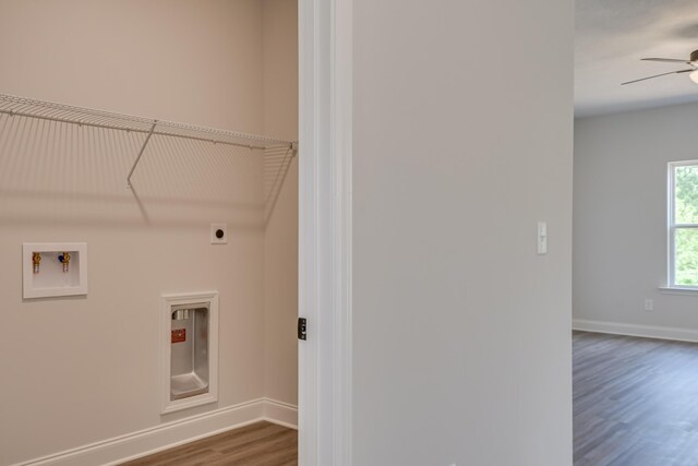 laundry room featuring electric dryer hookup, washer hookup, a ceiling fan, wood finished floors, and laundry area