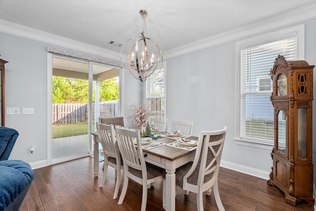 dining space with a wealth of natural light, dark wood-type flooring, and a notable chandelier