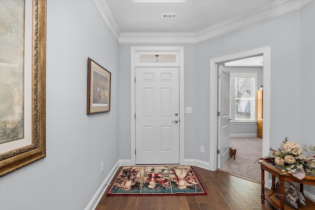 foyer with crown molding and dark wood-type flooring