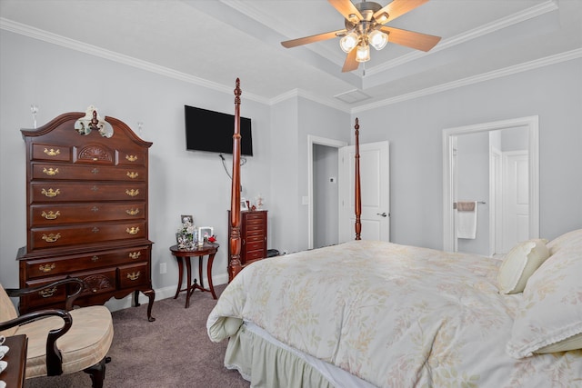 bedroom featuring carpet flooring, ceiling fan, a raised ceiling, and ornamental molding