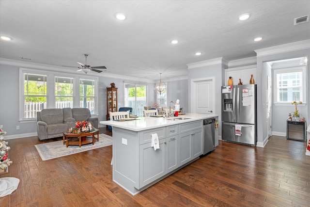 kitchen featuring sink, stainless steel appliances, dark hardwood / wood-style flooring, a center island with sink, and ceiling fan with notable chandelier