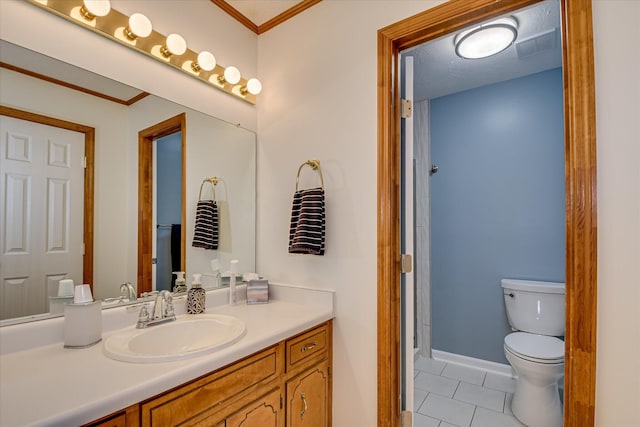 full bath with toilet, baseboards, ornamental molding, tile patterned flooring, and vanity