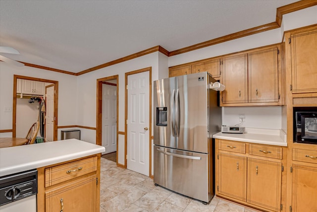 kitchen featuring light countertops, black microwave, stainless steel refrigerator with ice dispenser, and crown molding