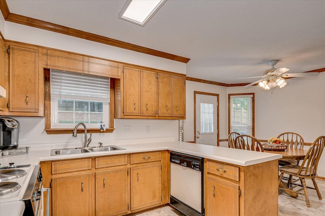 kitchen with white dishwasher, stove, a sink, a peninsula, and light countertops