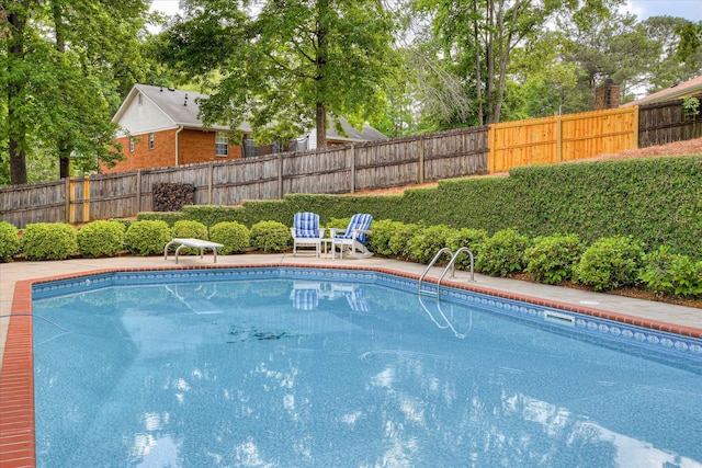 view of swimming pool with a diving board, a fenced in pool, and a fenced backyard