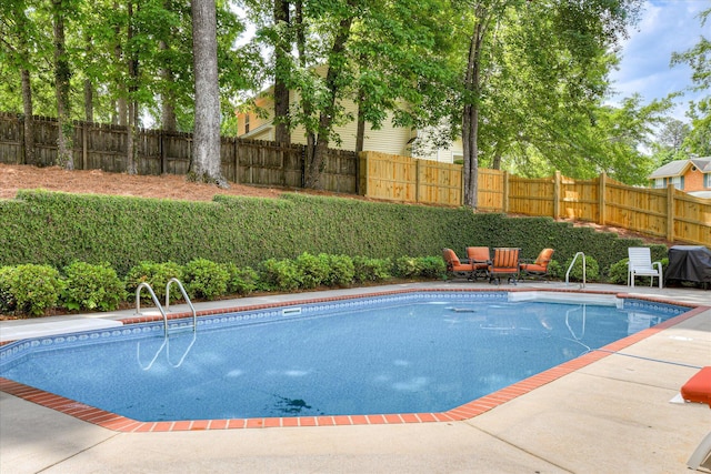 view of swimming pool featuring a grill, a patio, a fenced in pool, and a fenced backyard