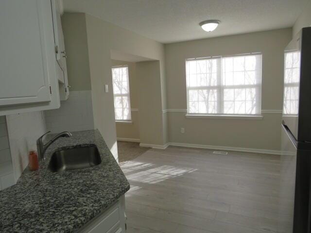 kitchen featuring light wood-type flooring, plenty of natural light, a sink, and white cabinets