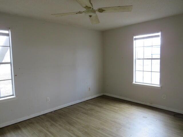 empty room featuring a healthy amount of sunlight, ceiling fan, baseboards, and wood finished floors