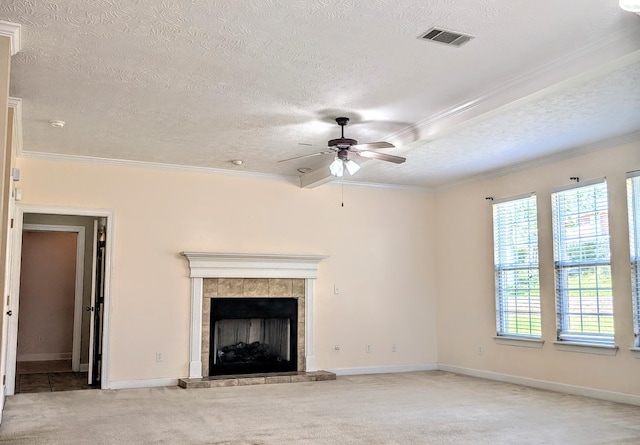 627 Surrey Ln, Martinez, GA 30907 - unfurnished living room featuring visible vents, a ceiling fan, ornamental molding, and carpet floors