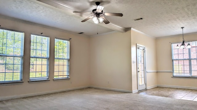 627 Surrey Ln, Martinez, GA 30907 - tiled empty room with crown molding, ceiling fan, a textured ceiling, visible vents, and carpet flooring