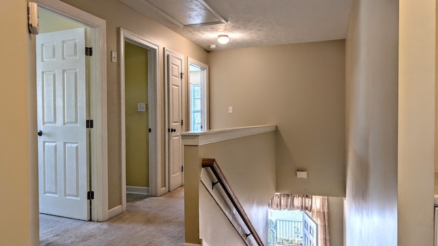 627 Surrey Ln, Martinez, GA 30907 - hall with baseboards, an upstairs landing, light colored carpet, and a textured ceiling