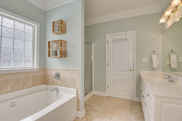 210 Oleander Trl, Evans, GA 30809 - bathroom featuring healthy amount of natural light, ornamental molding, a garden tub, vanity, and a shower stall