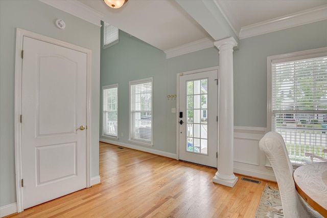 210 Oleander Trl, Evans, GA 30809 - entryway featuring decorative columns, crown molding, and light wood-type flooring