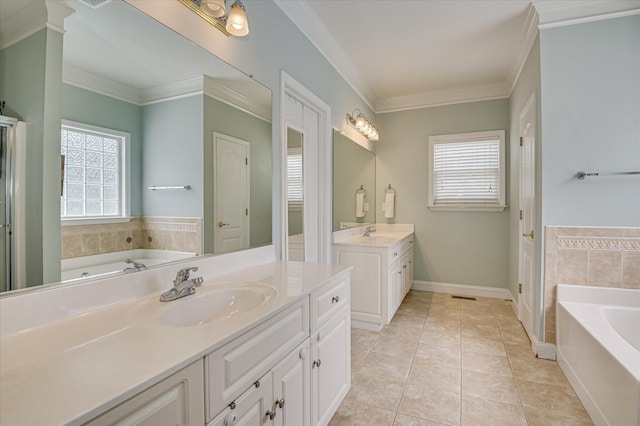 210 Oleander Trl, Evans, GA 30809 - full bathroom with a garden tub, two vanities, tile patterned flooring, crown molding, and a shower stall