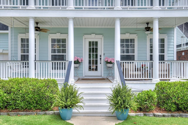 210 Oleander Trl, Evans, GA 30809 - property entrance featuring ceiling fan, a balcony, and covered porch