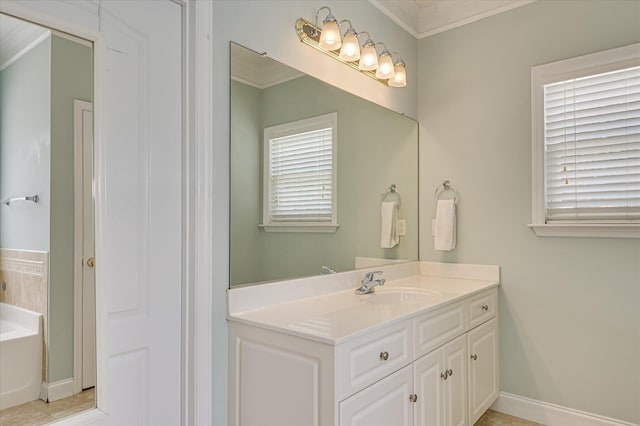 210 Oleander Trl, Evans, GA 30809 - bathroom with vanity, a garden tub, ornamental molding, and plenty of natural light