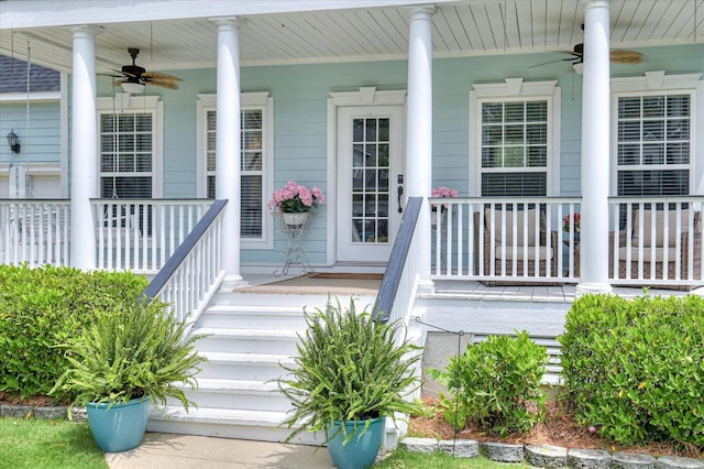 210 Oleander Trl, Evans, GA 30809 - property entrance with a ceiling fan and covered porch