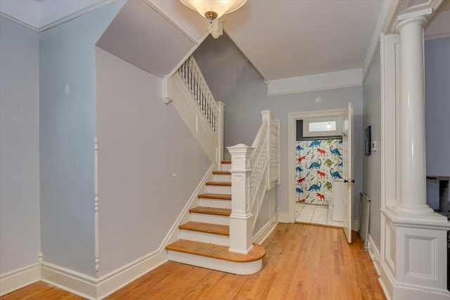 stairway with wood-type flooring